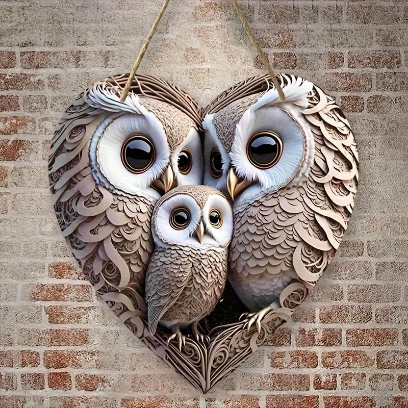 Signe en Bois Rustique en Forme de Cœur de Famille Hibou - Pour un Foyer Chaleureux
