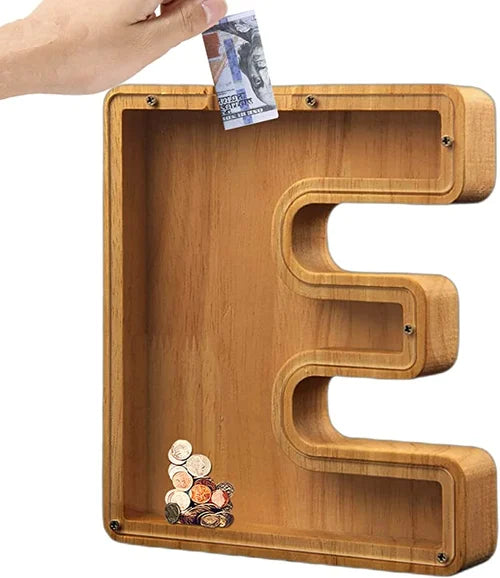Tirelire TreasureNest | Tirelire en bois personnalisée avec des motifs de lettres de l'alphabet