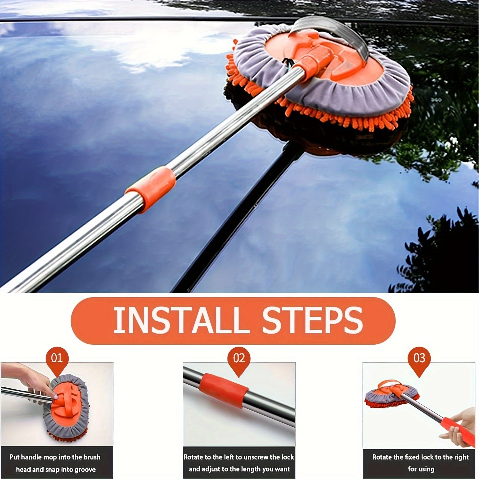 Brosse de Lavage Auto en Microfibre avec Long Manche – Tête de Mop Amovible pour un Nettoyage Sans Rayures
