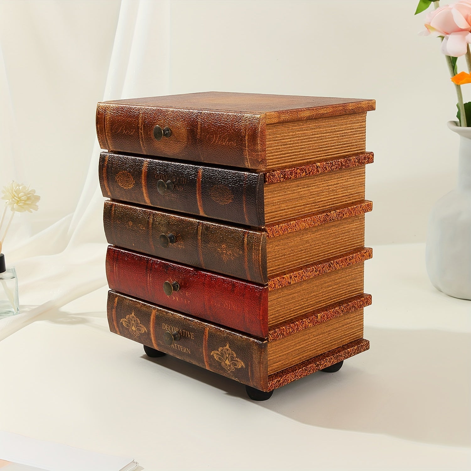 Boîte de Rangement en Forme de Livre Classique avec Cinq Tiroirs – Organisation Intemporelle pour la Maison et le Bureau