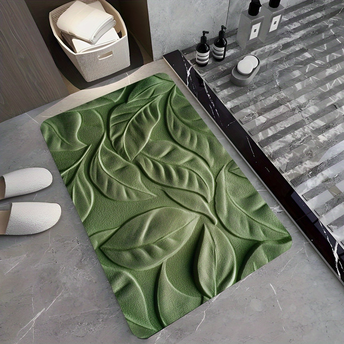 Tapis de Bain en Terre de Diatomée avec Motif de Feuilles Vertes – Absorbant et Sèche Rapidement