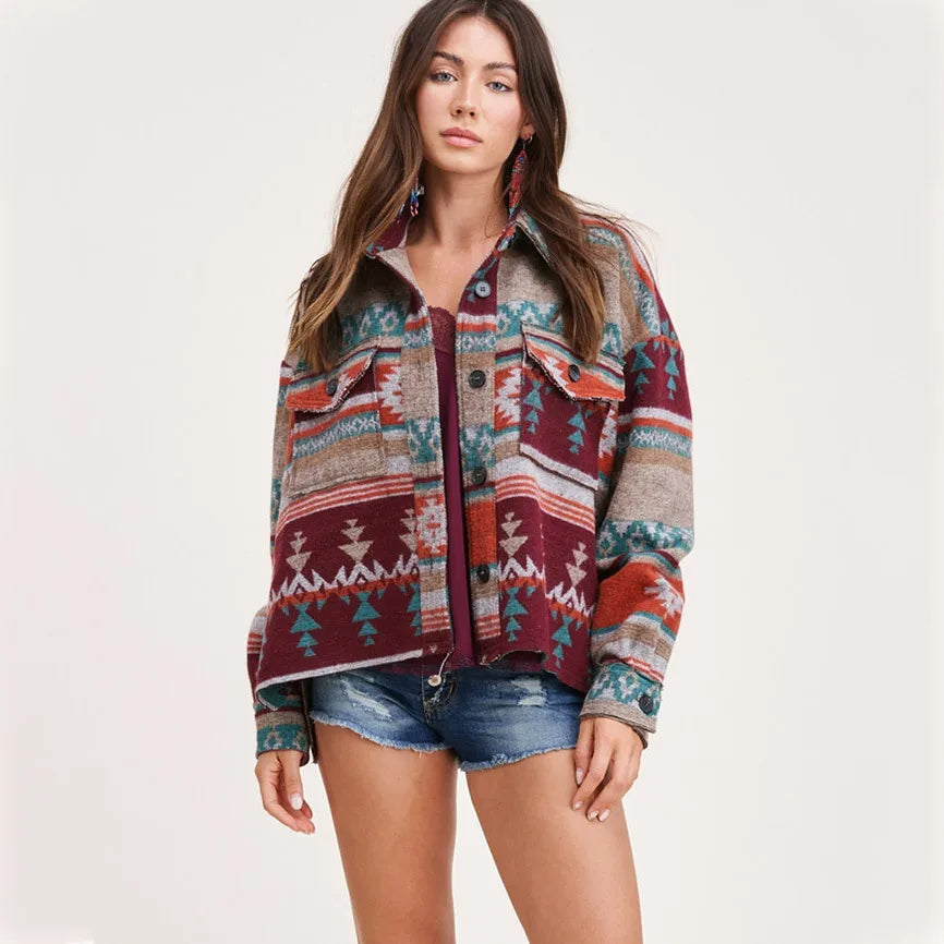 Veste en Jean Vintage Aztec avec Col – Doublée en Laine, Coupe Ample, Manches Longues pour un Style Streetwear Tendance