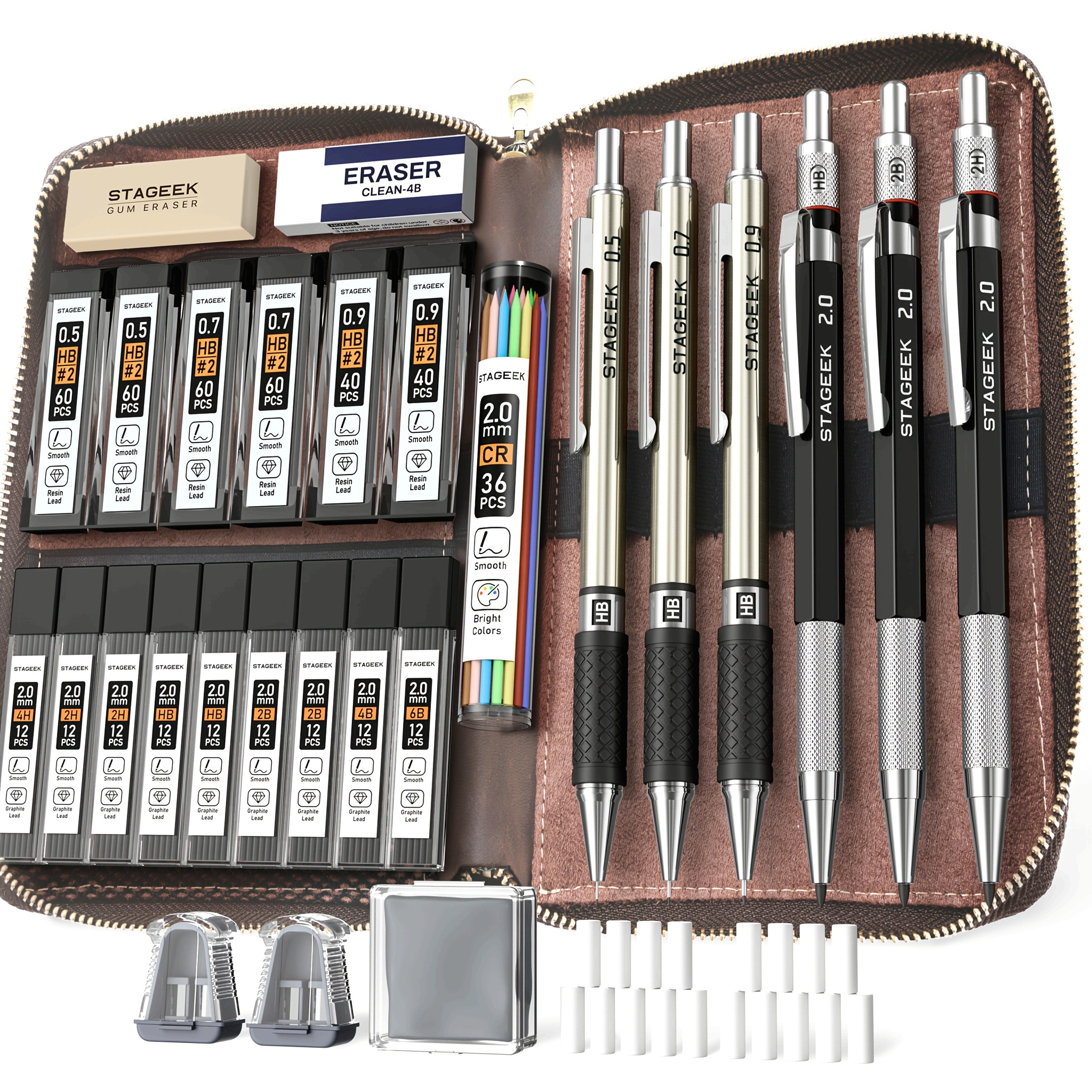 STAGEEK ensemble de crayons mécaniques en métal avec étui | Ensemble de crayons | 16 recharges de différentes épaisseurs pour le dessin