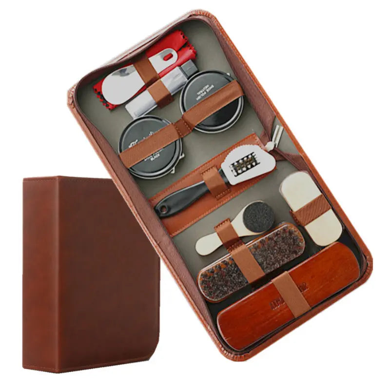 Kit d'entretien pour chaussures LuxeShine 9 pièces | Kit de brosses et de cirage haut de gamme en crin de cheval pour l'entretien du cuir