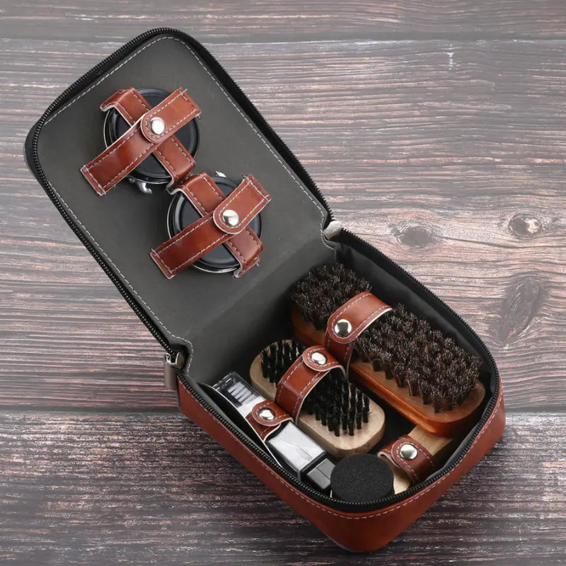 Kit d'entretien pour chaussures LuxeShine 9 pièces | Kit de brosses et de cirage haut de gamme en crin de cheval pour l'entretien du cuir
