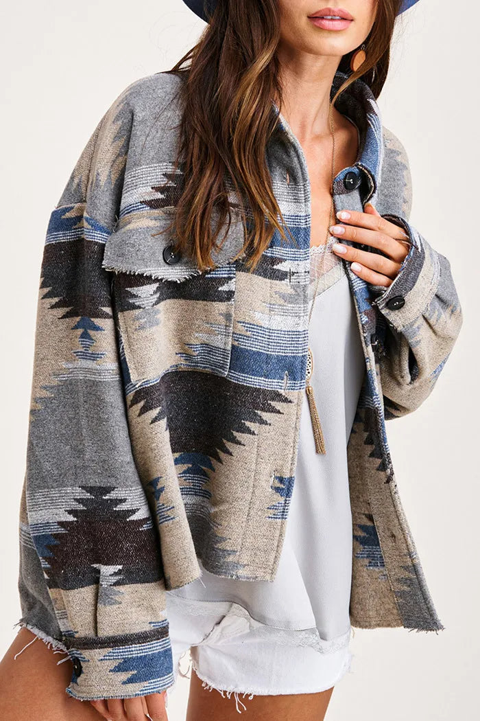 Veste en Jean Vintage Aztec avec Col – Doublée en Laine, Coupe Ample, Manches Longues pour un Style Streetwear Tendance
