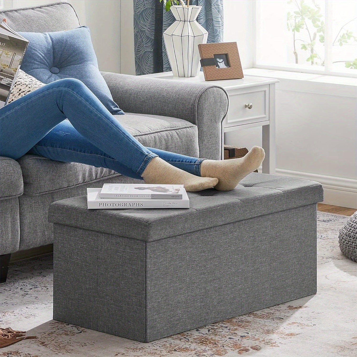 Pouf de Rangement Deluxe EleganceHaven | Pouf pliable de 80L pour des espaces de vie raffinés