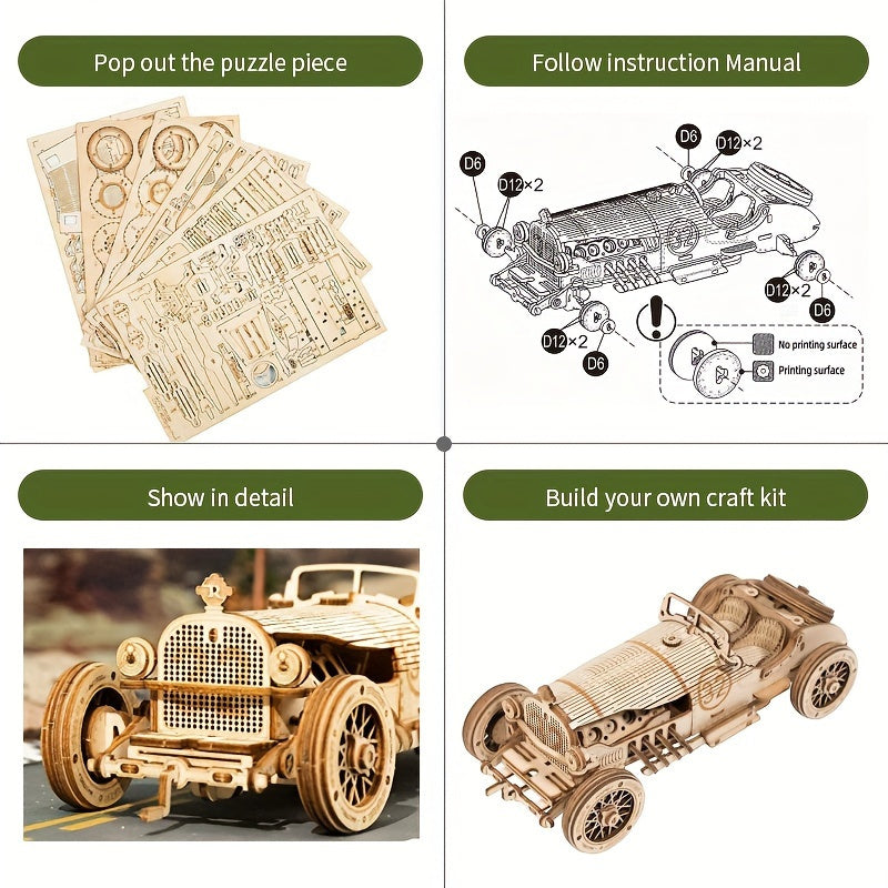 Puzzle Auto en Bois Vintage 3D – Modèle Mécanique avec Engrenages et Design Détailé