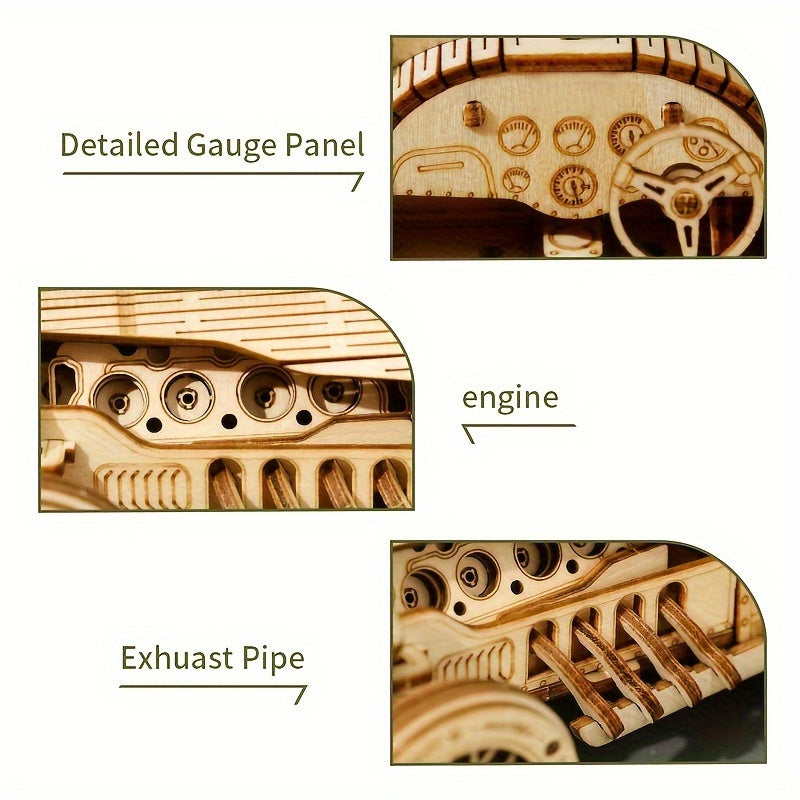 Puzzle Auto en Bois Vintage 3D – Modèle Mécanique avec Engrenages et Design Détailé