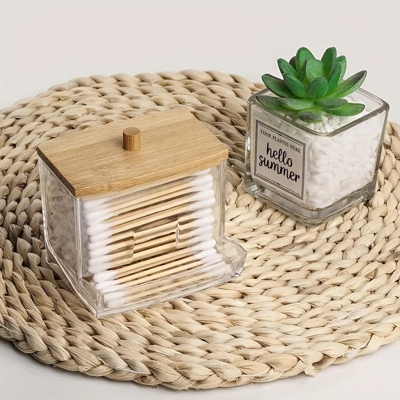 Support en acrylique pour disques de coton avec couvercle en bambou - Solution élégante pour votre salle de bain