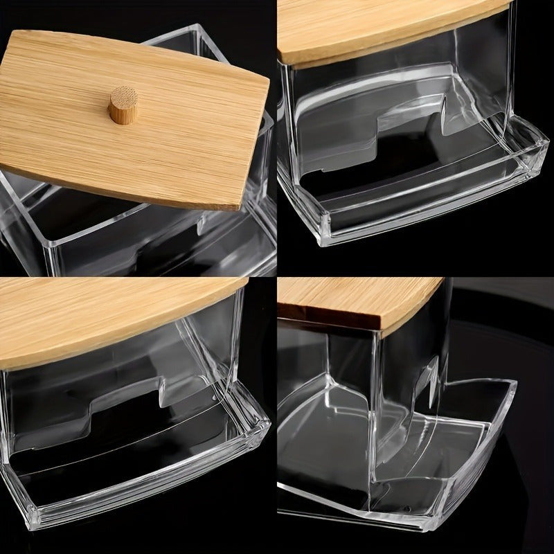 Support en acrylique pour disques de coton avec couvercle en bambou - Solution élégante pour votre salle de bain