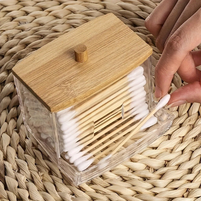 Support en acrylique pour disques de coton avec couvercle en bambou - Solution élégante pour votre salle de bain