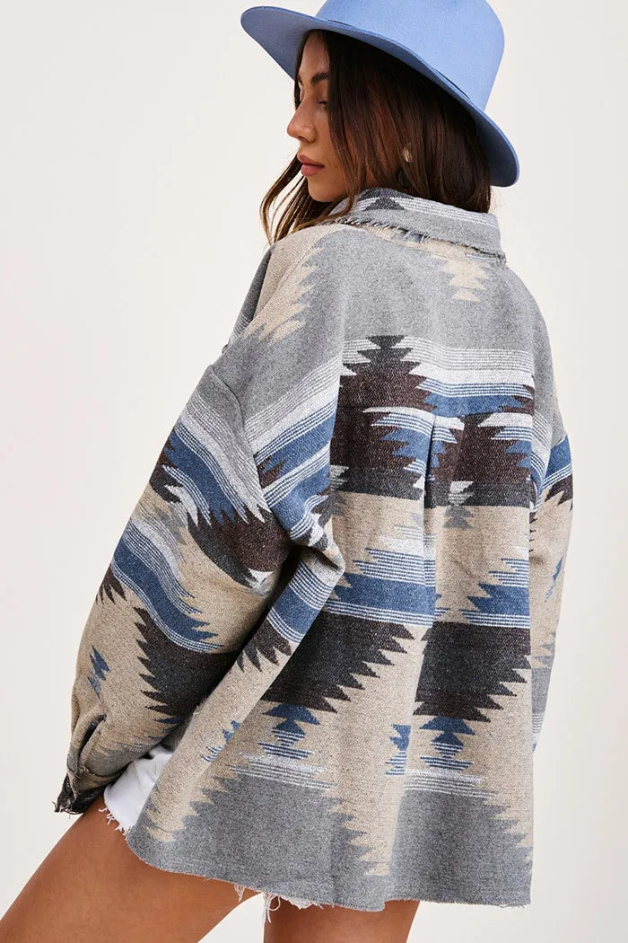 Veste en Jean Vintage Aztec avec Col – Doublée en Laine, Coupe Ample, Manches Longues pour un Style Streetwear Tendance