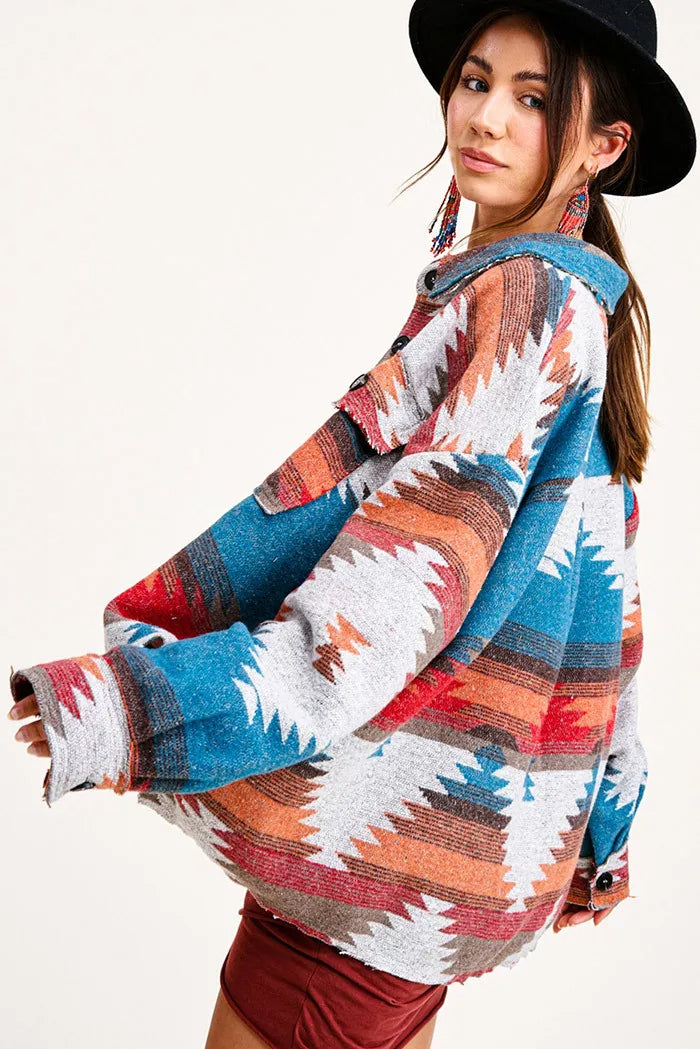 Veste en Jean Vintage Aztec avec Col – Doublée en Laine, Coupe Ample, Manches Longues pour un Style Streetwear Tendance