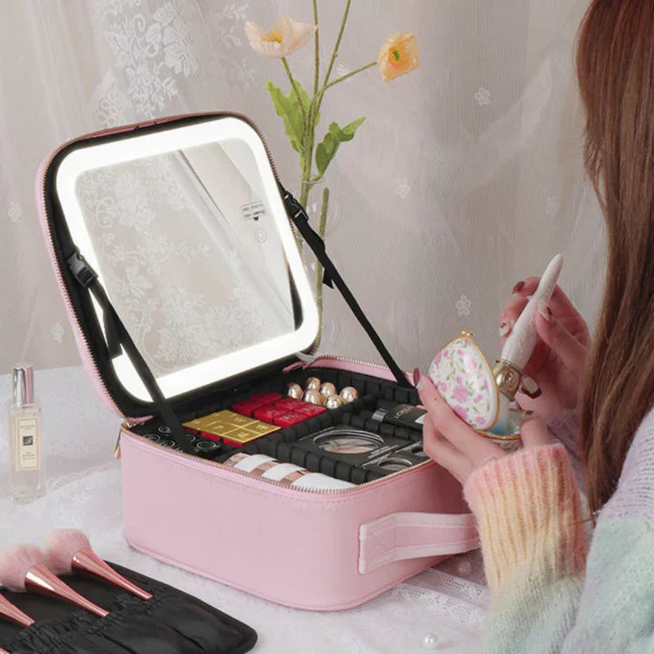 Valisette de beauté LED GlowLuxe | Organiseur de beauté portable avec miroir LED réglable pour un maquillage parfait
