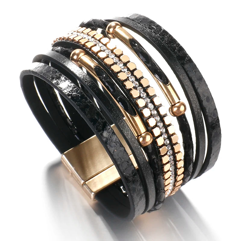 Bracelet élégant multicouche en cuir de serpent