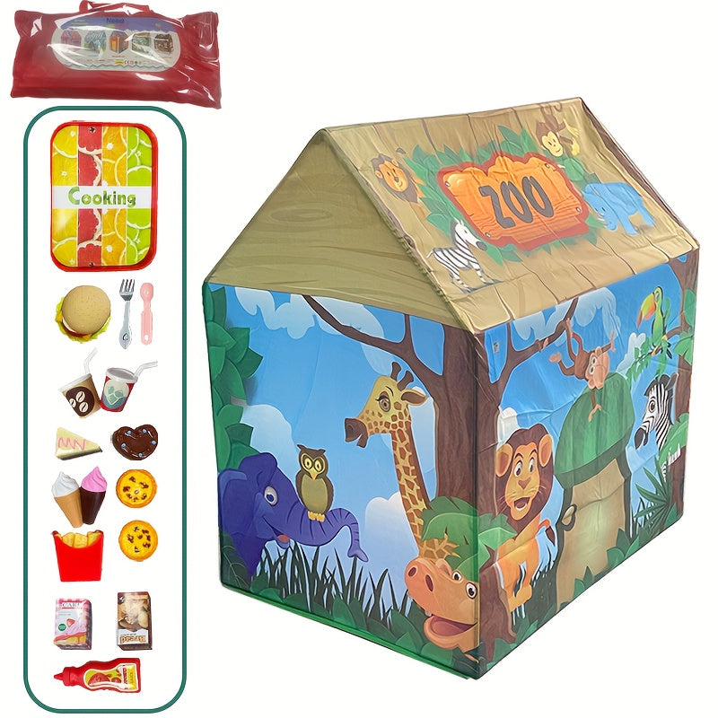 Tente de Jeu Safari Jungle - Maison de Jeu Thème Animaux avec Jouets de Pack Burger