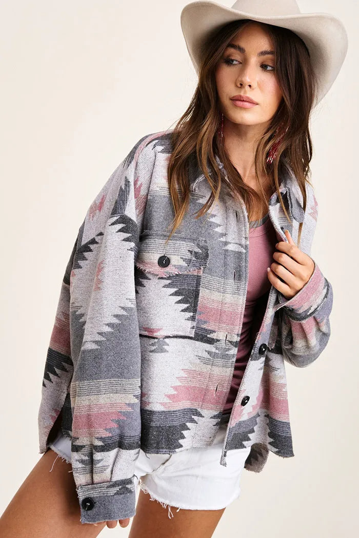 Veste en Jean Vintage Aztec avec Col – Doublée en Laine, Coupe Ample, Manches Longues pour un Style Streetwear Tendance