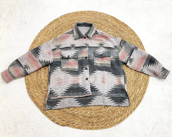 Veste en Jean Vintage Aztec avec Col – Doublée en Laine, Coupe Ample, Manches Longues pour un Style Streetwear Tendance
