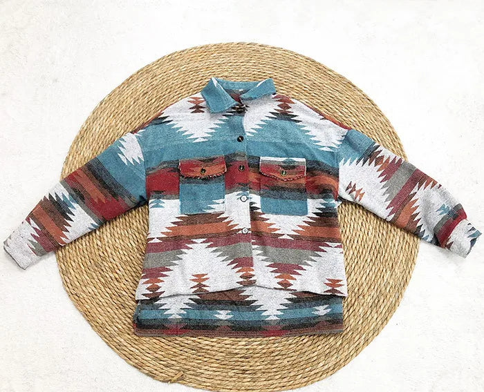 Veste en Jean Vintage Aztec avec Col – Doublée en Laine, Coupe Ample, Manches Longues pour un Style Streetwear Tendance