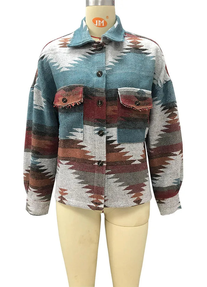 Veste en Jean Vintage Aztec avec Col – Doublée en Laine, Coupe Ample, Manches Longues pour un Style Streetwear Tendance