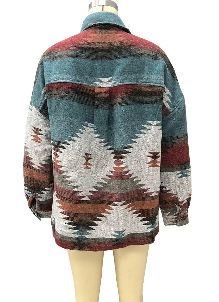 Veste en Jean Vintage Aztec avec Col – Doublée en Laine, Coupe Ample, Manches Longues pour un Style Streetwear Tendance