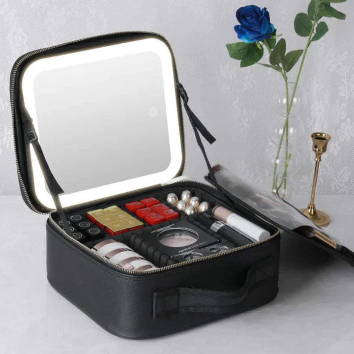 Valisette de beauté LED GlowLuxe | Organiseur de beauté portable avec miroir LED réglable pour un maquillage parfait