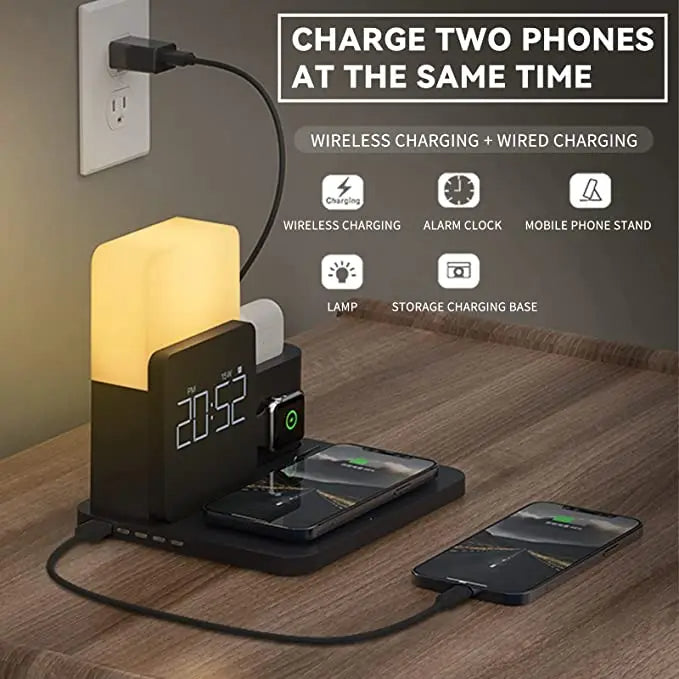 Station de Charge Sans Fil Multifonctionnelle – Comprend Lampe et Réveil