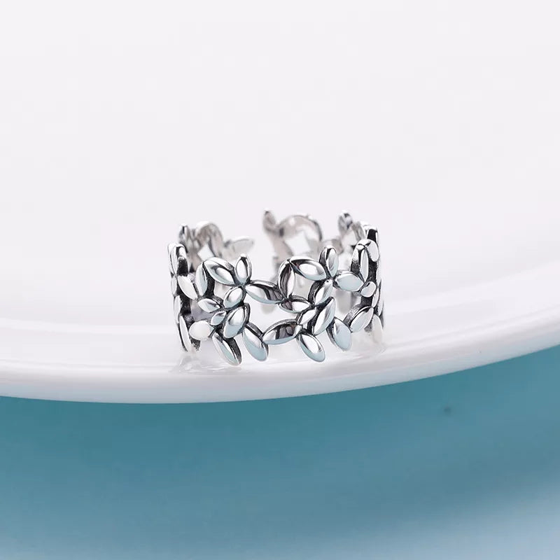 Bague en argent ajustable avec motif floral