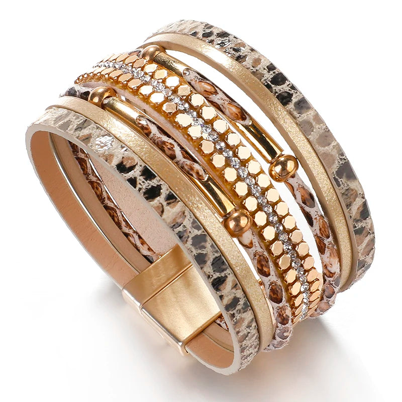 Bracelet élégant multicouche en cuir de serpent