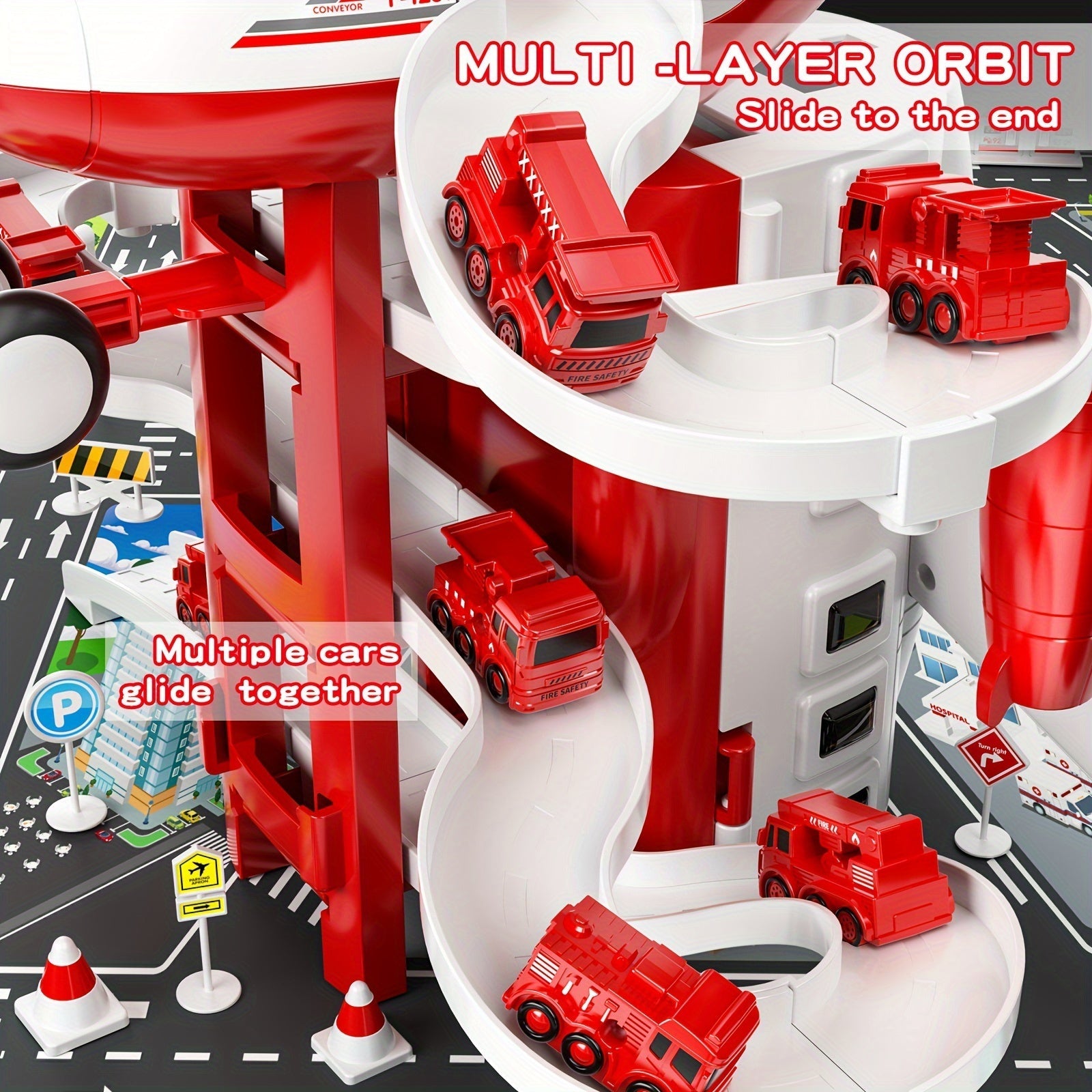AdventurePlay Avion & Camions de Pompiers Ensemble de Jeu - Piste de Course et Garage pour Enfants