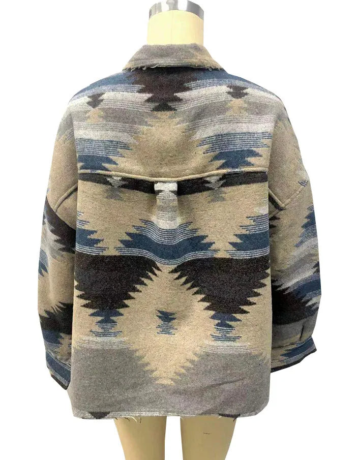 Veste en Jean Vintage Aztec avec Col – Doublée en Laine, Coupe Ample, Manches Longues pour un Style Streetwear Tendance