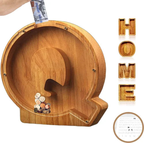 Tirelire TreasureNest | Tirelire en bois personnalisée avec des motifs de lettres de l'alphabet