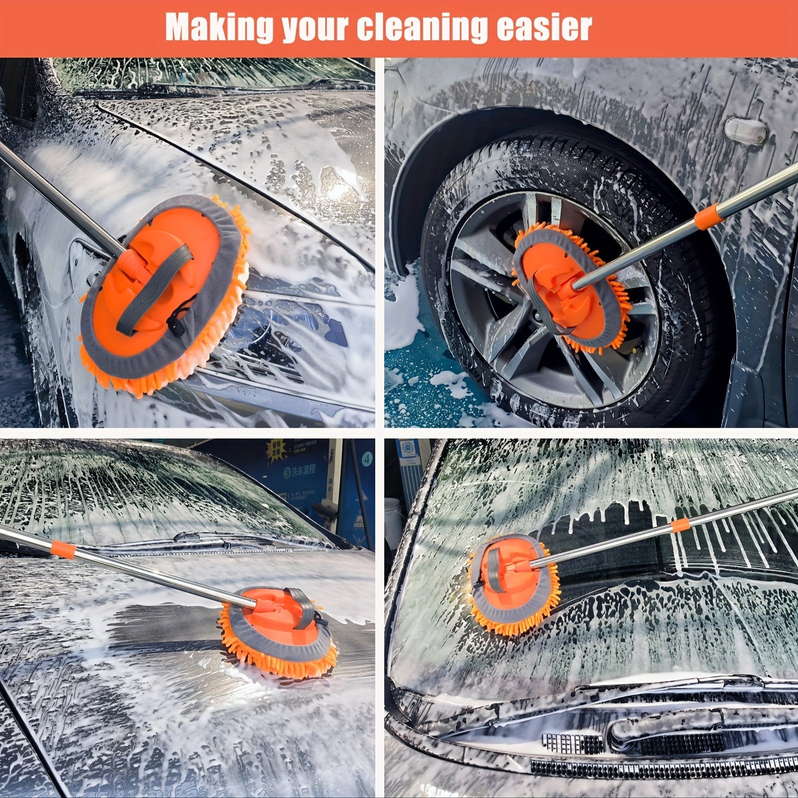 Brosse de Lavage Auto en Microfibre avec Long Manche – Tête de Mop Amovible pour un Nettoyage Sans Rayures