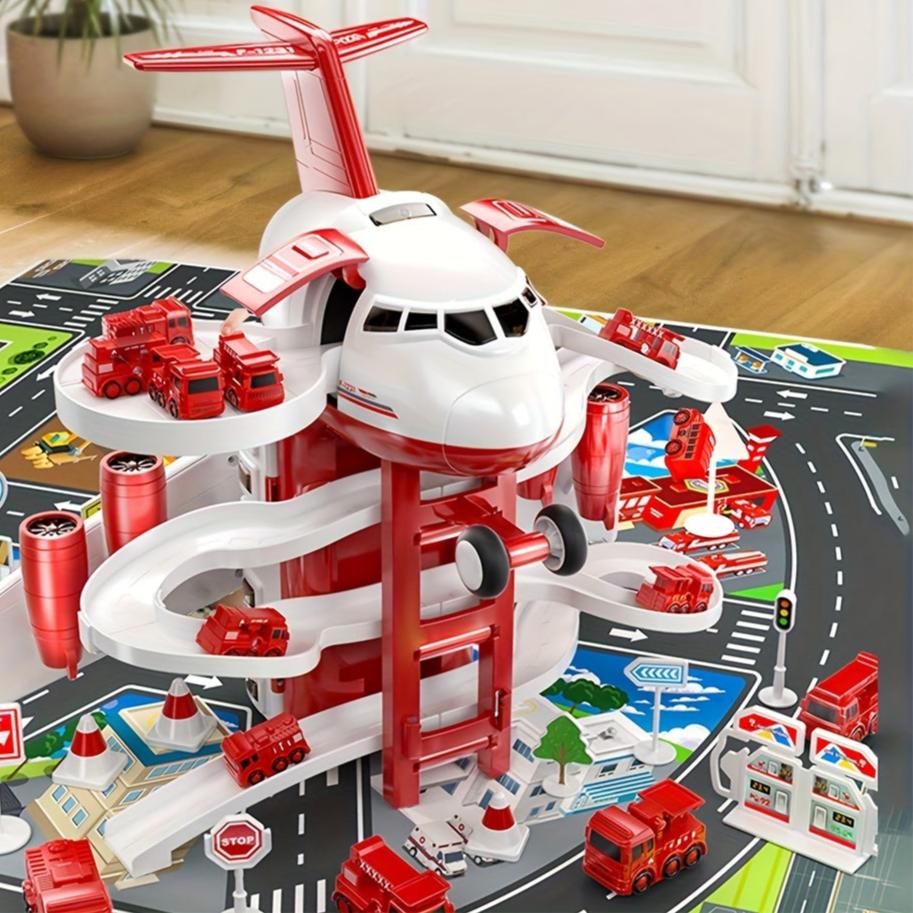AdventurePlay Avion & Camions de Pompiers Ensemble de Jeu - Piste de Course et Garage pour Enfants