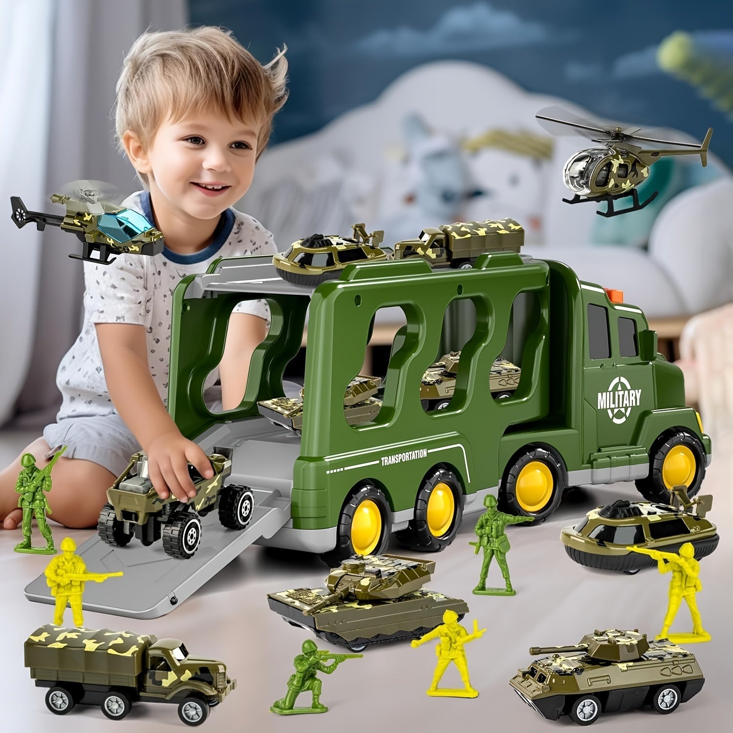 ArmyForce 14-en-1 Ensemble de Jouets Militaires - Camion avec Tanks, Soldats et Effets Sonores