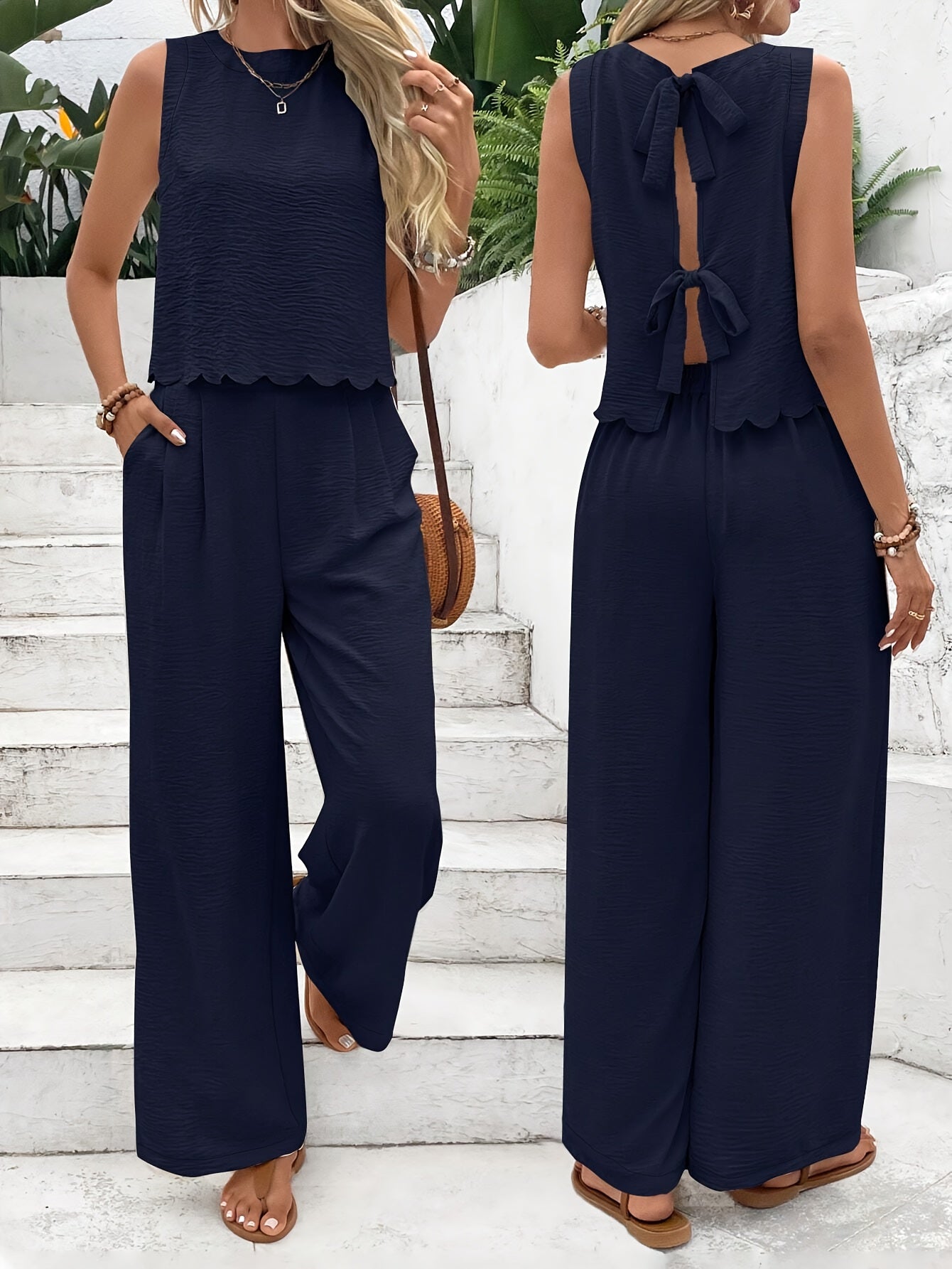 Ensemble Printanier 2 Pièces OpulentAura pour Femmes | Pantalons à ourlet en pétale et gilet sans manches pour une élégance sans effort