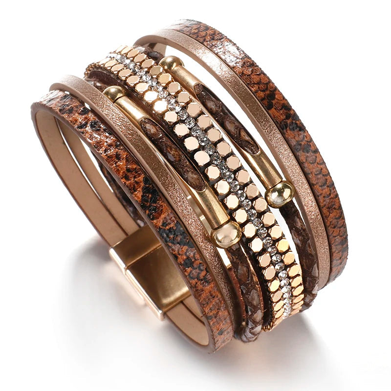Bracelet élégant multicouche en cuir de serpent