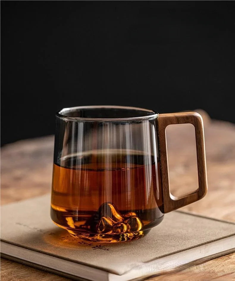 Tasse en Verre Guanshan avec Poignée en Bois – Mug à Couche Unique de Grande Capacité pour Café, Thé et Jus