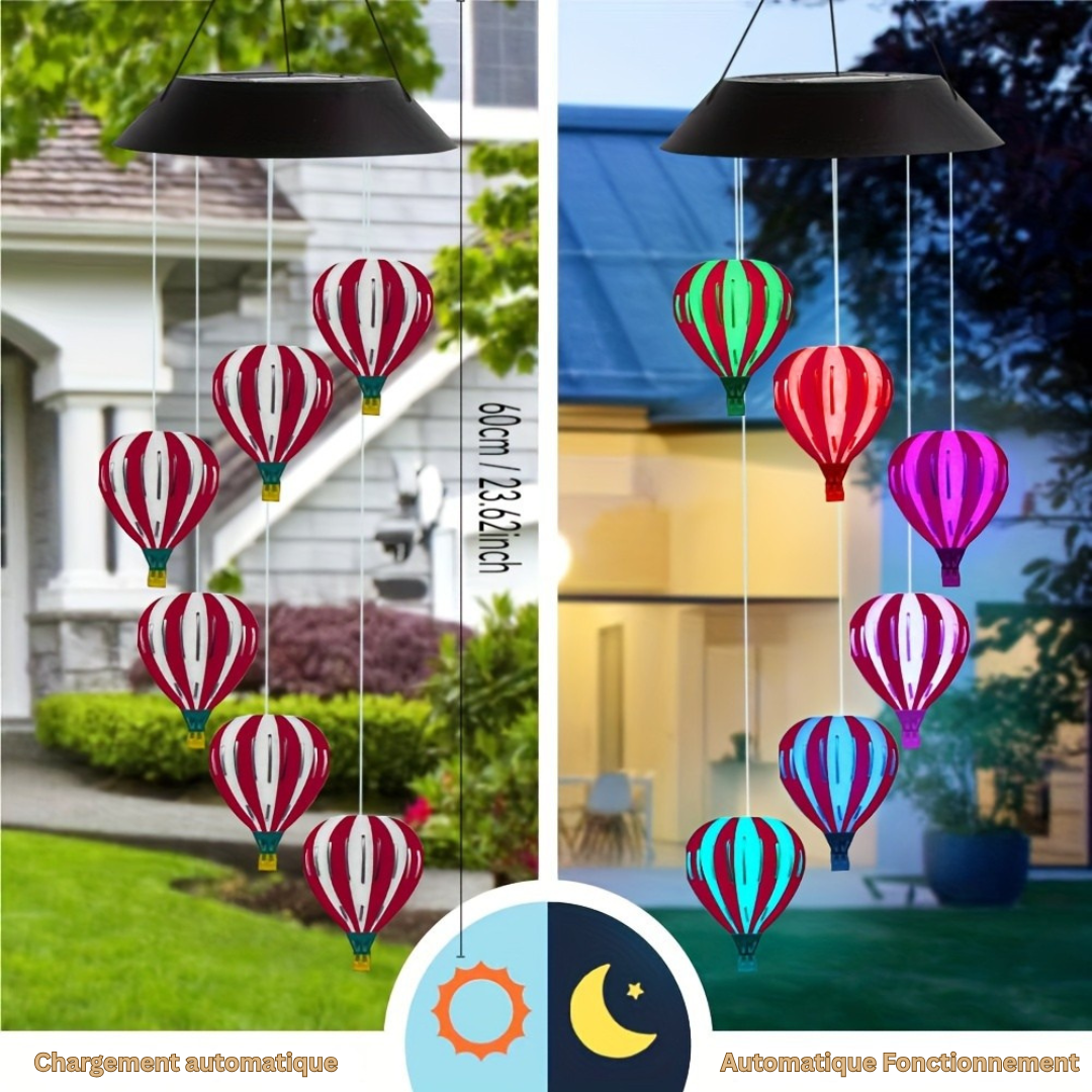 LuxeBreeze Carillon Éolien en Forme de Montgolfière Solaire | Décor en fer forgé enchanteur pour embellir les jardins, patios et célébrations féeriques