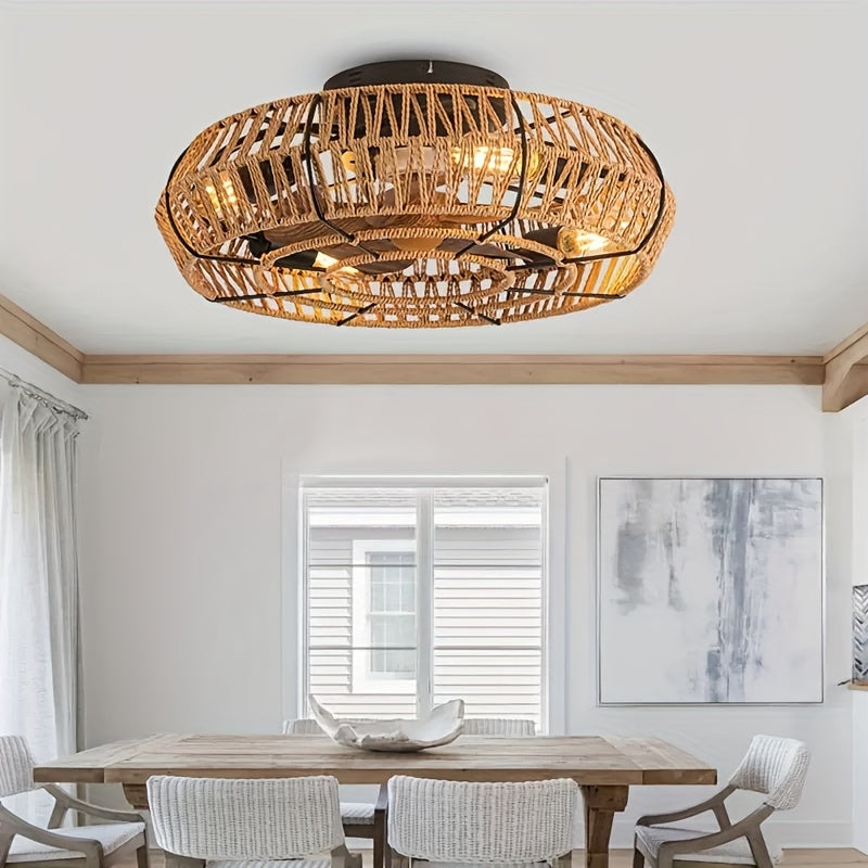 Ventilateur de Plafond en Rotin Tissé à la Main – Style Zen et Fonctionnalité