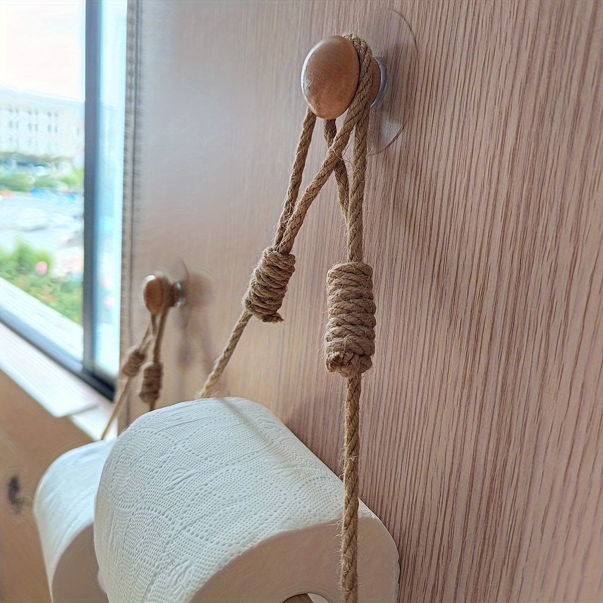 Support à Papier Toilette Rustique – Corde Macramé et Bâton en Bois pour Salle de Bain