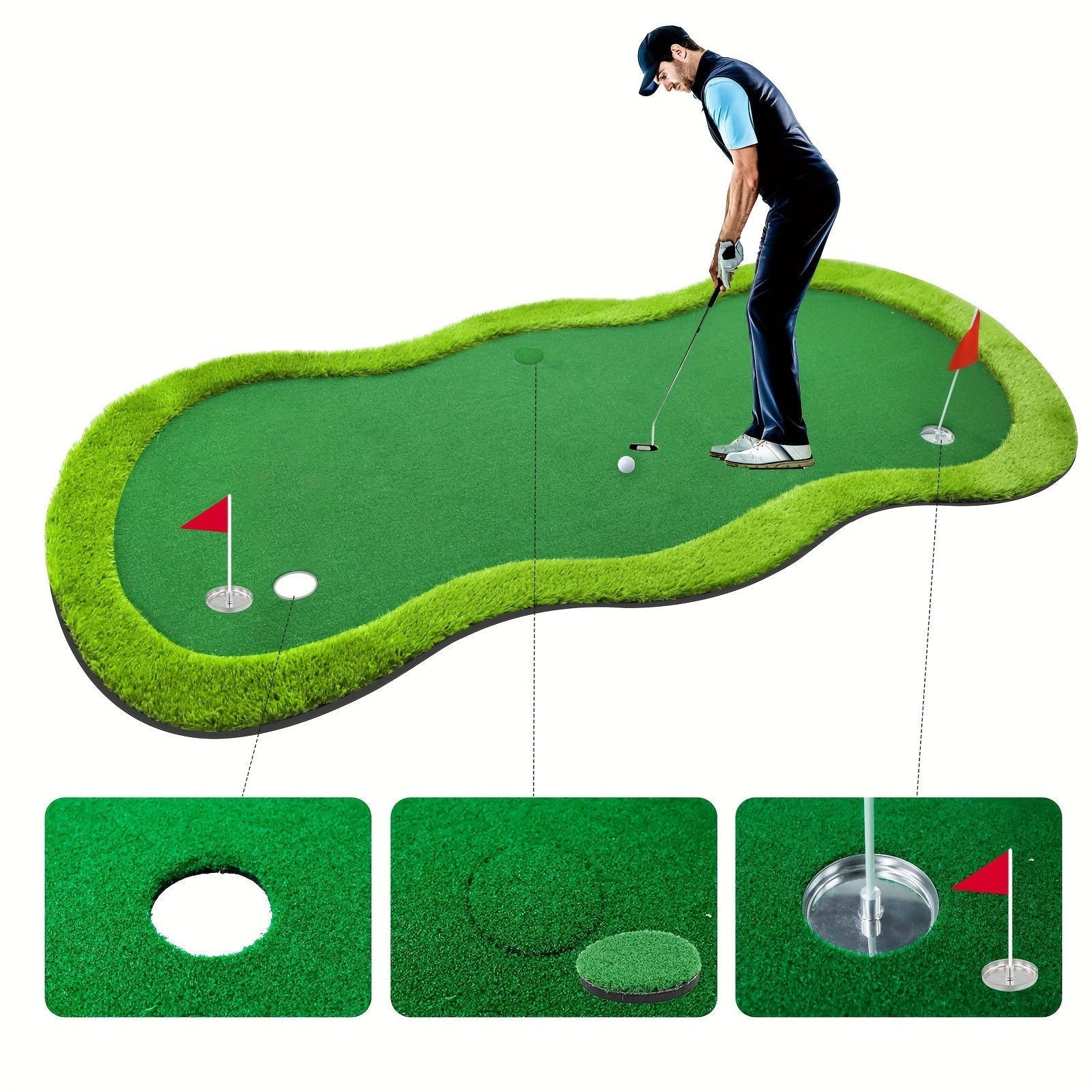 Tapis de Putting Grande Golf 152×305 cm | Tapis de Golf Intérieur/Extérieur | 3 Trous avec Drapeaux & Coupes pour Entraînement