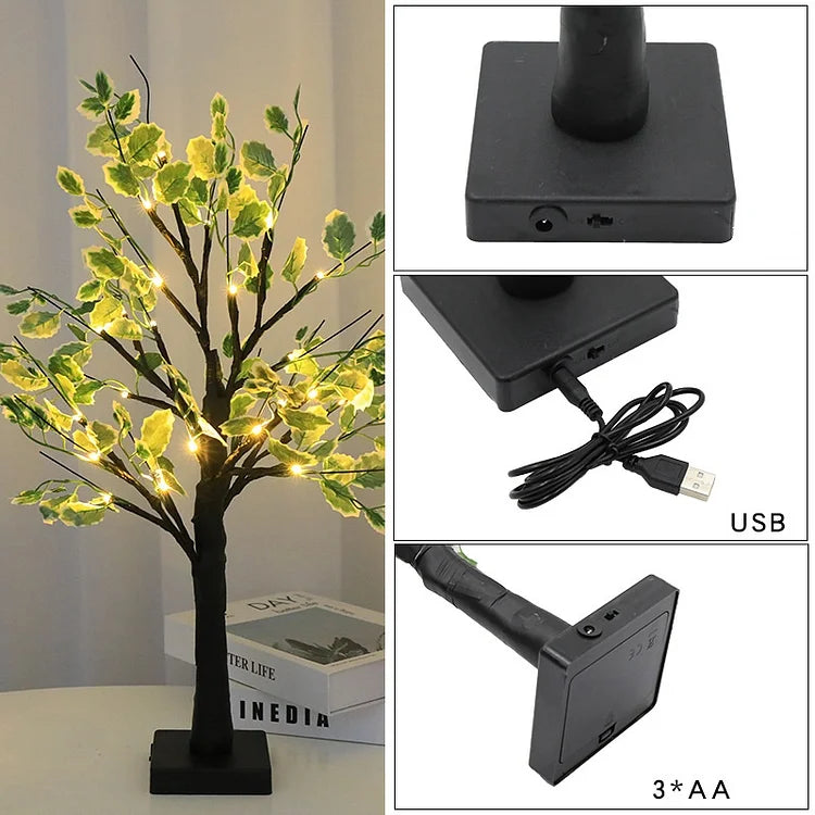 Arbre LED de Noël aux Feuilles Vertes – Lumière Festive Blanche Chaude Alimentée par Piles