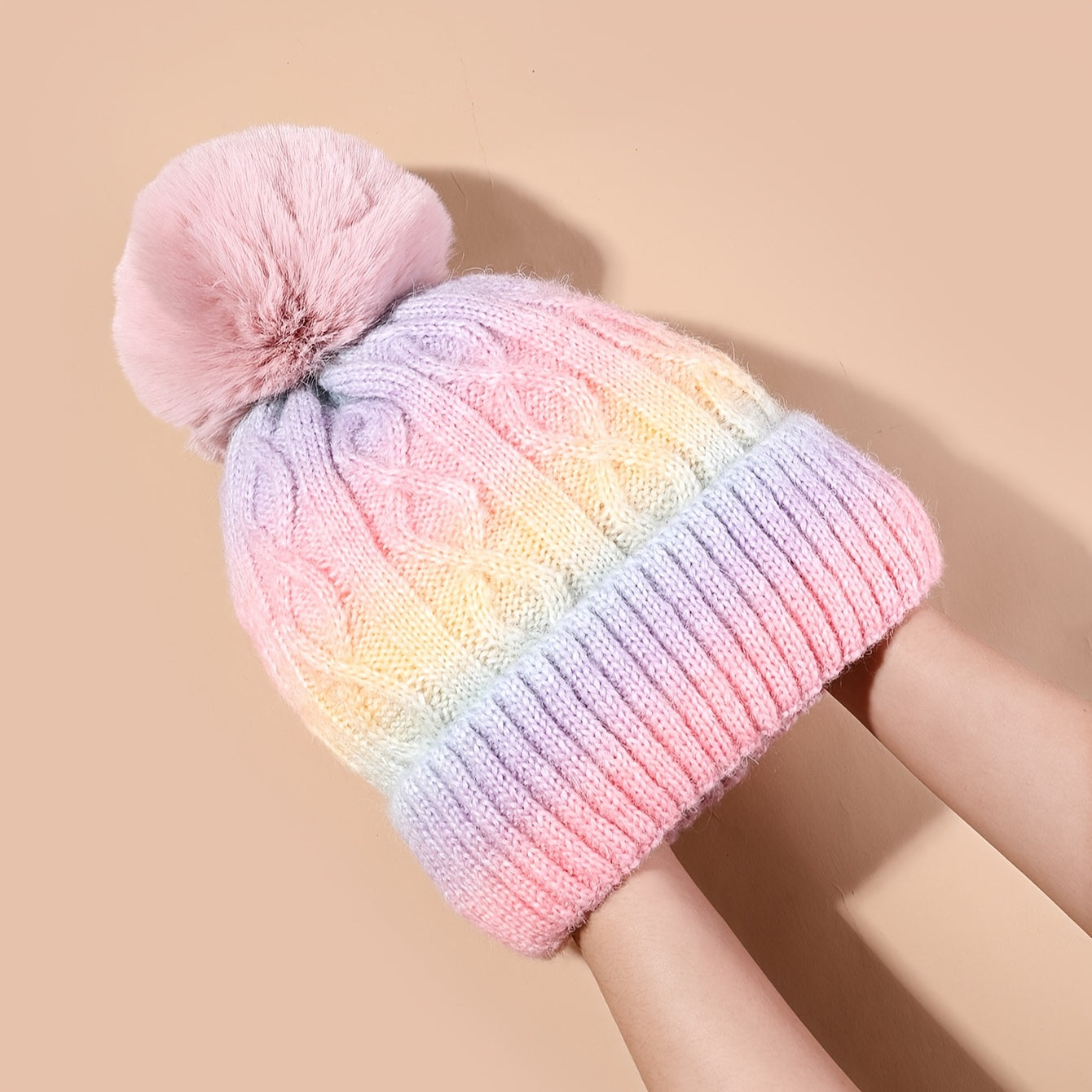 Bonnet Lana Arc-en-Ciel pour Filles - Chapeau Tricoté avec Pompon et Matériau Épais pour l'Hiver