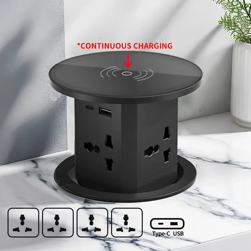 Tour de Prise de Bureau Automatique – Hub Électrique Caché avec USB-C, Charge Sans Fil & Support de Prise Mondiale