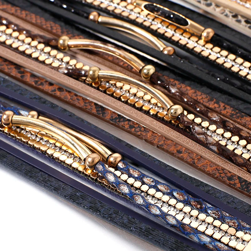 Bracelet élégant multicouche en cuir de serpent