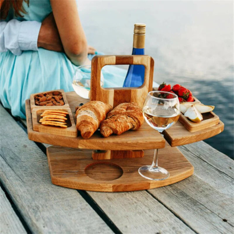 Table de Pique-Nique en Bois Pliable pour Vin – Plateau Rond de Snack Extérieur avec Porte-Gobelets pour un Dîner Al Fresco Élégant