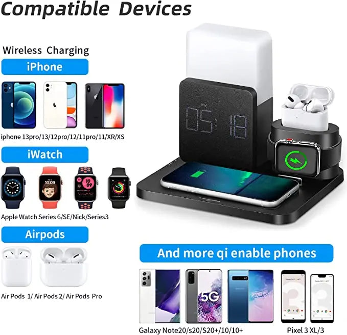 Station de Charge Sans Fil Multifonctionnelle – Comprend Lampe et Réveil