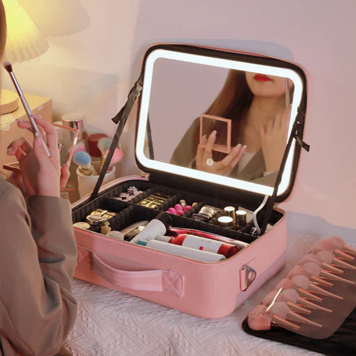 Valisette de beauté LED GlowLuxe | Organiseur de beauté portable avec miroir LED réglable pour un maquillage parfait